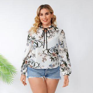 Plus Size Long Sleeve Flower Print Tie-neck Blouse