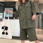 Set: Pocket Detail 3/4-sleeve Shirt + Shorts Army Green - One Size