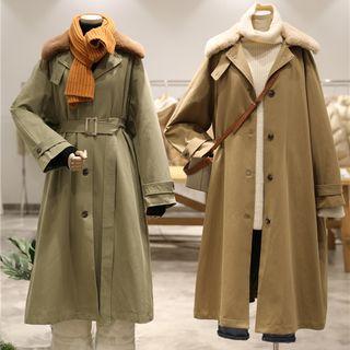 Furry Collar Single-breasted Trench Coat