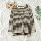 Long-sleeve Striped Loose-fit T-shirt Almond - One Size