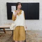 Long-sleeve Print Midi Dress / V-neck Knit Vest / Set