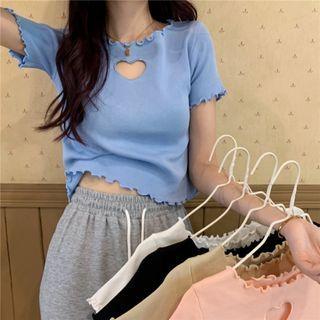 Short-sleeve Lettuce Edge Heart Cutout T-shirt