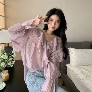 Long-sleeve Ruffled Blouse Purple - One Size
