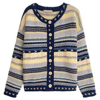 Long-sleeve Striped Knit Cardigan Blue - One Size