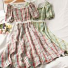 Boatneck Lace-trim Plaid A-line Dress