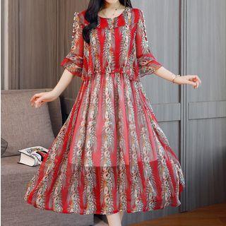 Printed Cold Shoulder Elbow-sleeve A-line Midi Dress