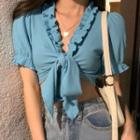 Puff-sleeve Ruffled Cropped Blouse Blue - One Size