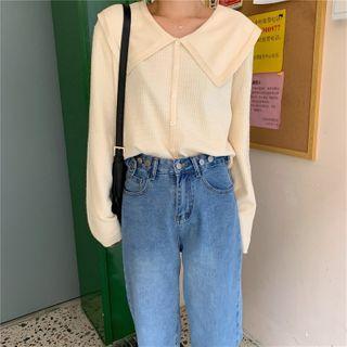 Long-sleeve Collar Plain Top