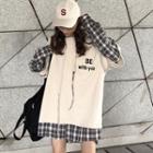 Mock Two-piece Plaid Paneled Letter Hoodie As Shown In Figure - One Size