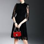 Elbow-sleeve Crewneck A-line Cutout Slim Lace Sheath Dress