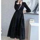 Long-sleeve V-neck Lace Trim Midi Dress