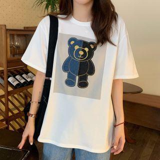 Short-sleeve Denim Bear Applique T-shirt