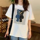Short-sleeve Denim Bear Applique T-shirt