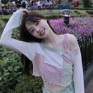 Color-block Ruffle Cropped Top Almond - One Size