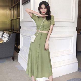 Set: Buttoned Short-sleeve Crop Top + Buttoned Midi A-line Skirt