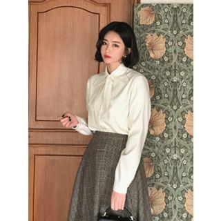 Pointy-collar Faux-suede Blouse