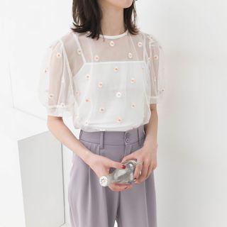 Set: Short-sleeve Embroidered Mesh Top + Camisole Top