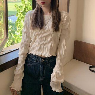 Long-sleeve Lettuce Edge Cropped T-shirt Almond - One Size