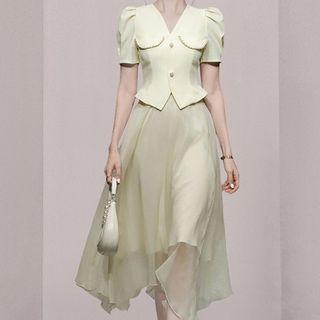 Set: Puff-sleeve V-neck Top + Asymmetrical Midi A-line Skirt