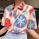 Floral Print Short Sleeve Blouse As Shown In Figure - One Size