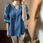 Open-placket Embroidered Denim Top Blue - One Size