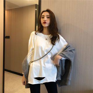 Long-sleeve Ripped Plain Top White - One Size