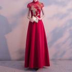 Short-sleeve Embroidered A-line Qipao Evening Gown