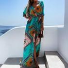 Printed Short-sleeve V-neck Side-slit Dress