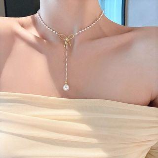 Bow Faux Pearl Pendant Rhinestone Alloy Necklace Gold - One Size