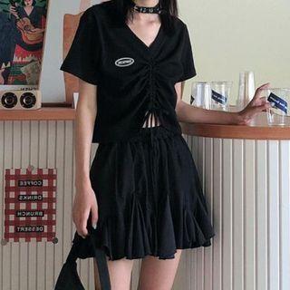 Short-sleeve Drawstring Cropped T-shirt / Mini A-line Godet Skirt