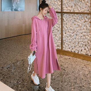 Plain Drawstring Waist Midi Hoodie Dress