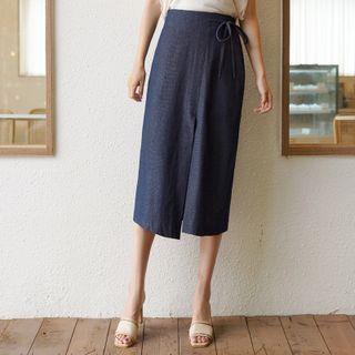 Stitched Denim Long Wrap Skirt