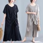 Set: Short-sleeve Crinkled T-shirt + Wide-leg Pants