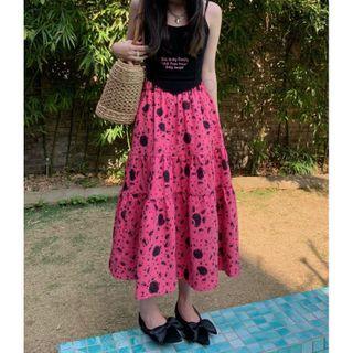 Print A-line Maxi Skirt Pink - One Size