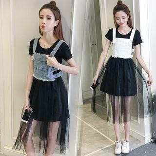 Set: Short-sleeve Sheer Panel A-line Dress + Strappy Denim Top