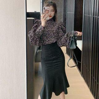 Shirred-sleeve Floral Print Blouse / Shirred Midi Pencil Skirt