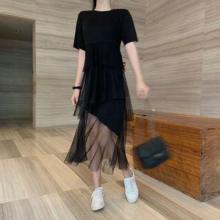 Mock Two-piece Short-sleeve Sheer Panel Midi Dress Black - One Size