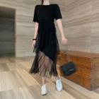 Mock Two-piece Short-sleeve Sheer Panel Midi Dress Black - One Size