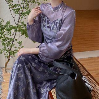 Mandarin Collar Butterfly Print Midi A-line Dress