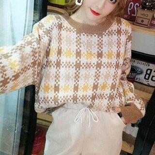 Set: Color-block Plaid Long-sleeve + Plain Pants