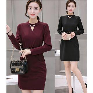 Faux Pearl Long-sleeve Sheath Dress