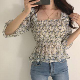 3/4-sleeve Floral Chiffon Frill Trim Top