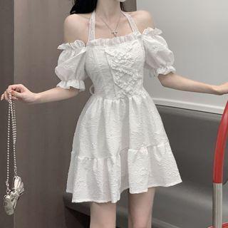 Short-sleeve Cold Shoulder Mini A-line Dress White - One Size