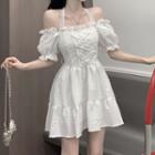 Short-sleeve Cold Shoulder Mini A-line Dress White - One Size