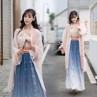 Hanfu Set: Flower Top + Light Jacket + Maxi Skirt
