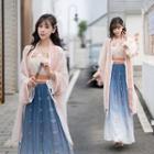 Hanfu Set: Flower Top + Light Jacket + Maxi Skirt