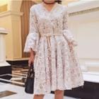 V-neck Bell-sleeve A-line Lace Dress With Belt