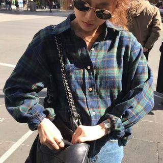 Plaid Long-sleeve Shirt Green - One Size