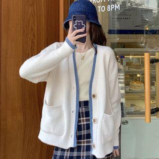 Long-sleeve V-neck Contrast Trim Cardigan