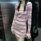 Long-sleeve Striped Knit Dress Pink & Blue - One Size